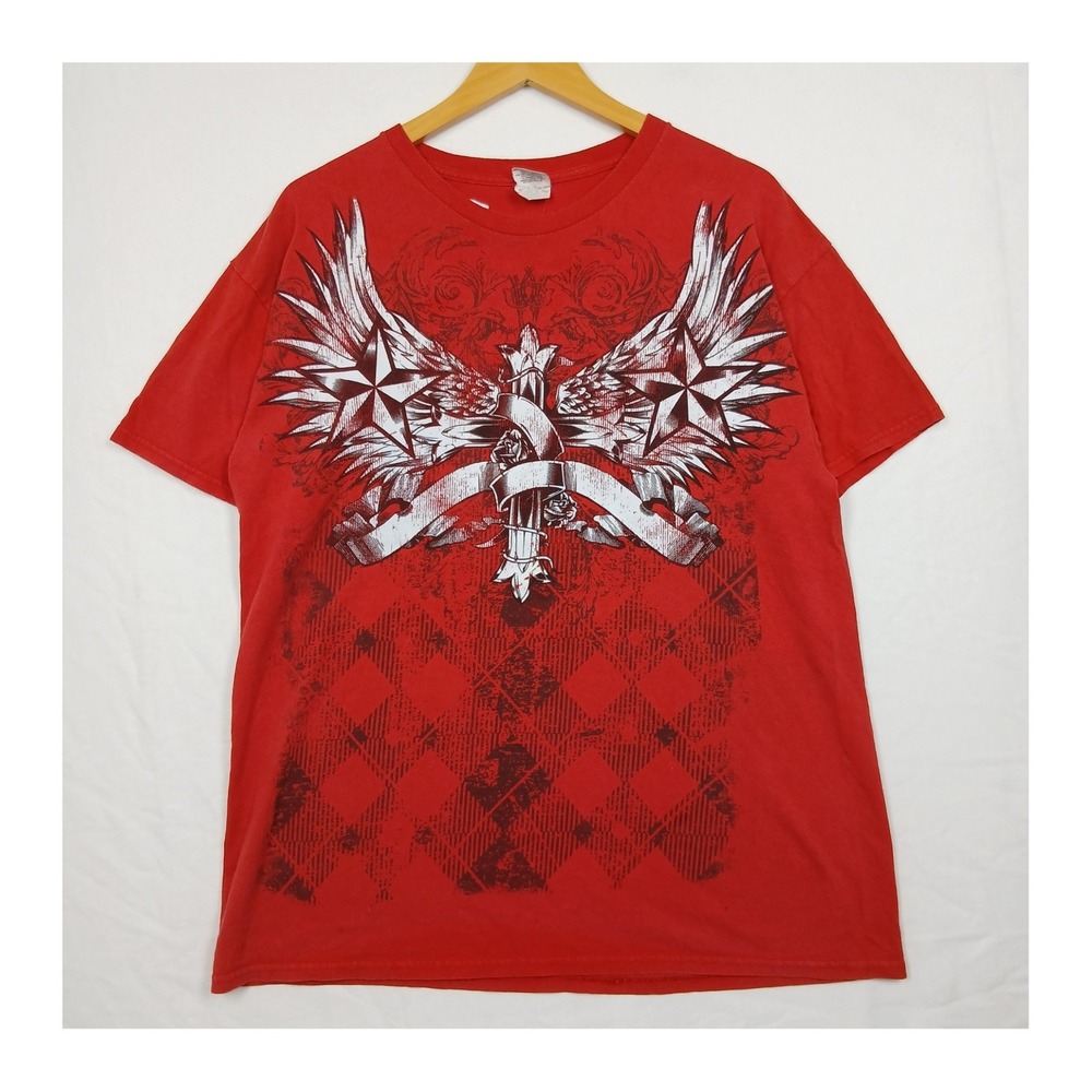 Gildan Heavy Cotton Red Graphic T-Shirt Winged Cross Star Y2K Mens L